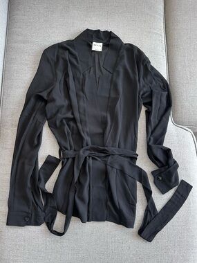ORTTU Semi-Sheer Star Neck Black Wrap Cardigan with Tie Belt Small